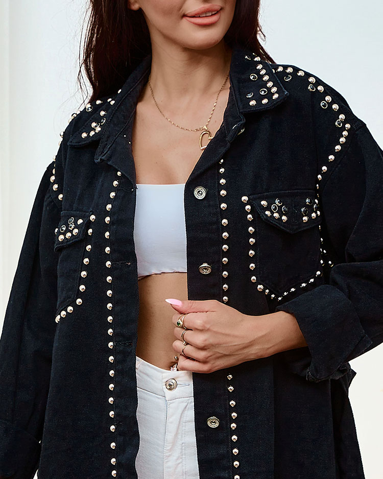 Black denim hot sale jacket with rhinestones