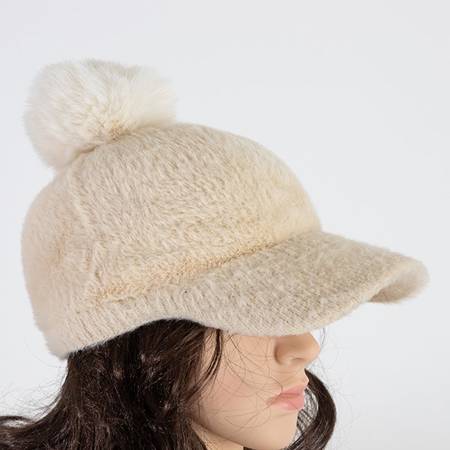 Beige women's cap with a pompom - Accessories