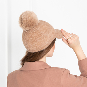 Brown women's cap with a pompom - Accessories