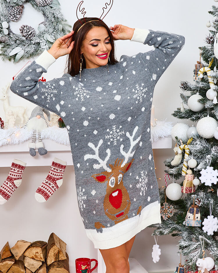 Royalfashion Christmas white sweater women's dress with reindeer