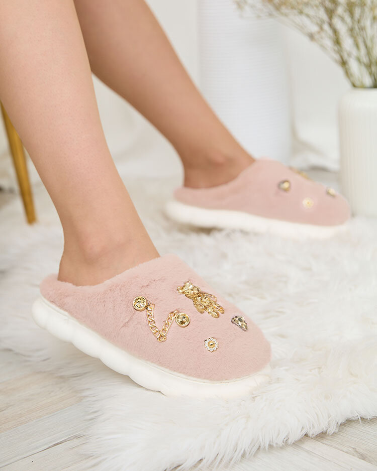 Royalfashion Pink women's fur slippers with ornaments Erserra