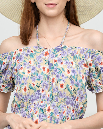 Ilga vasarinė žalia suknelė moterims su violetinėmis gėlėmis - Drabužiai