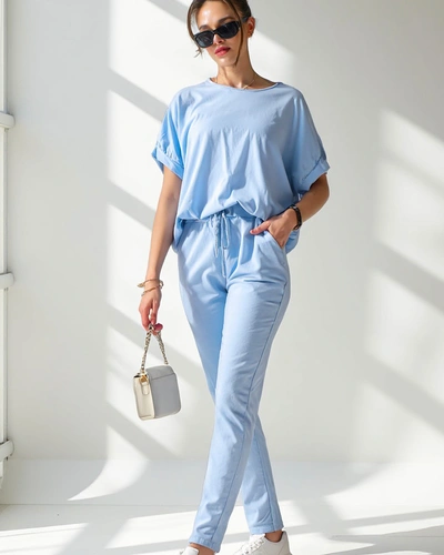 Костюм Royalfashion для женщин из хлопка с короткими рукавами и прямыми брюками