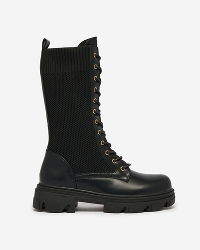 Royalfashion Ажурные черные женские сапоги на плоском каблуке Kaliffo