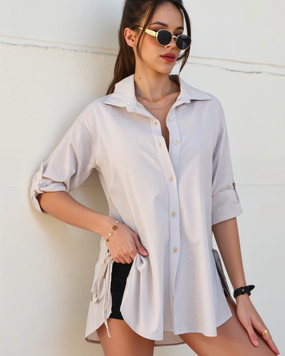 Royalfashion Ilgesnė moterų dryžuota medvilninė marškiniai su surišimu ties liemeniu
