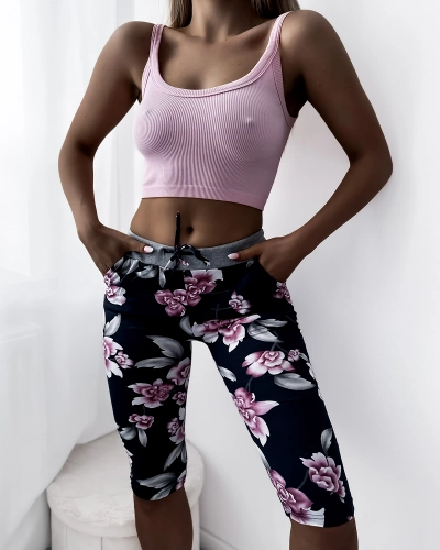 Темно-синие женские леггинсы 3/4 длины с принтом