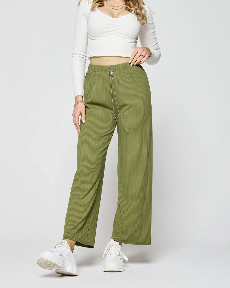 Зеленые женские широкие ребристые брюки - Одежда