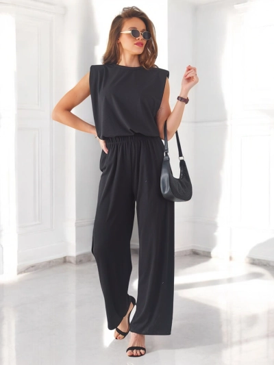 Женский рибанный вискозный комплект, без рукавов и с расклешенными брюками