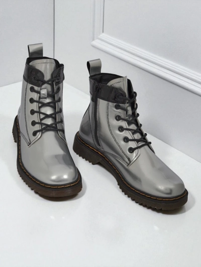 Celestina Eco Patent Leather Silver Ankle Boots with Zipper