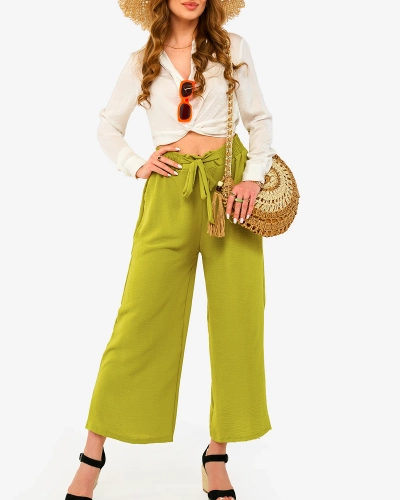 Žalios spalvos moteriškos palazzo kelnės- Drabužiai
