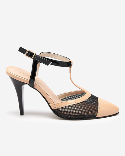 Smėlio ir juodos spalvos moteriškos basutės ant aukštakulnio pridengtais pirštais Niddl- Avalynė