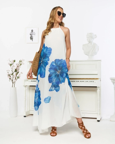 Белое женское платье-миди с голубыми цветами - Одежда