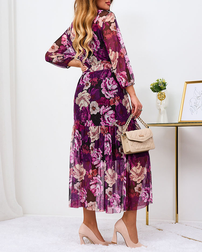 Royalfashion Violetinė tinklinė gėlėta maksi suknelė