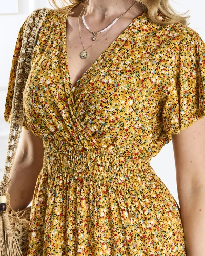 Желтое женское платье-миди в мелкие цветы - Одежда
