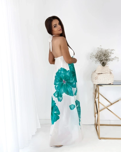 Белое женское платье-миди с темно-зелеными цветами - Одежда