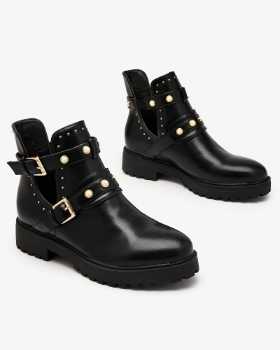 Royalfashion Черные женские украшенные сапоги на плоском каблуке Pearl Elegance