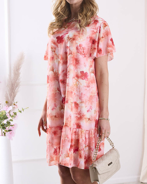 Oranžinė moteriška suknelė iki kelių su raštu ir raukiniais - Drabužiai