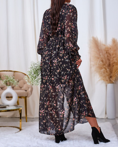 Royalfashion Juoda ir rožinė tinklinė midi suknelė su raštu