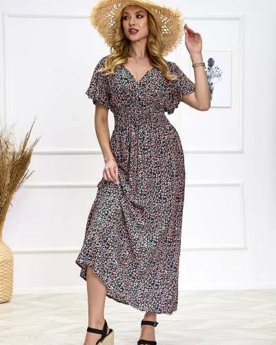 Moteriška tamsiai mėlyna ilga suknelė su gėlių raštu - Apranga