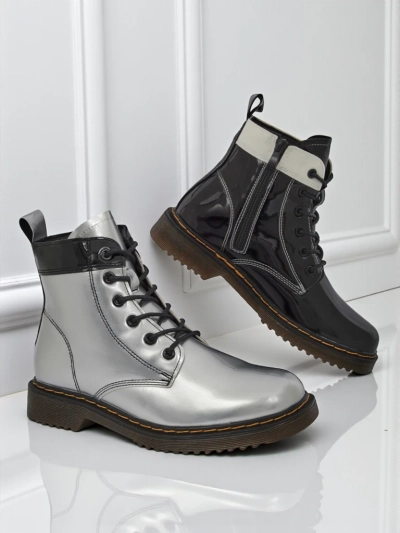 Celestina Eco Patent Leather Silver Ankle Boots with Zipper