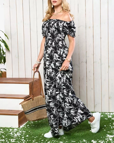 Juodai balta moteriška maksi suknelė su raštu - Apranga