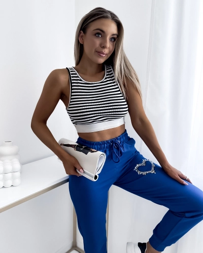 Moteriškos mėlynos sportinės kelnės su cirkonių papuošimais - Apranga
