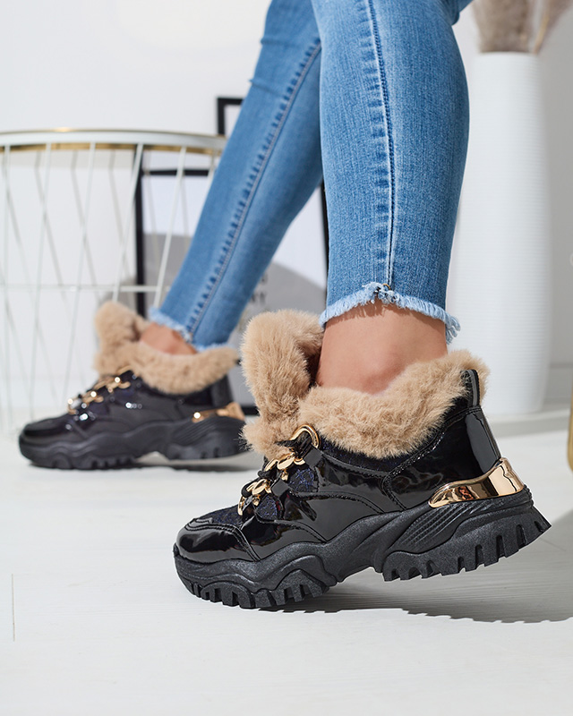 Спортивные лакированные черные женские кроссовки с мехом Axili- Footwear