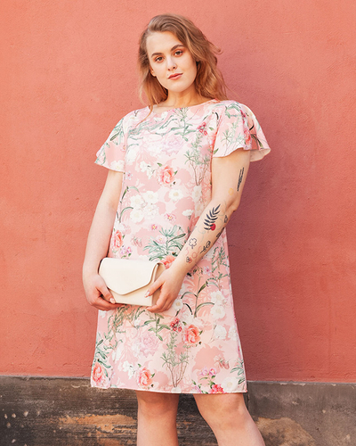 Moteriška rožinė gėlėta trapecijos formos suknelė - Drabužiai