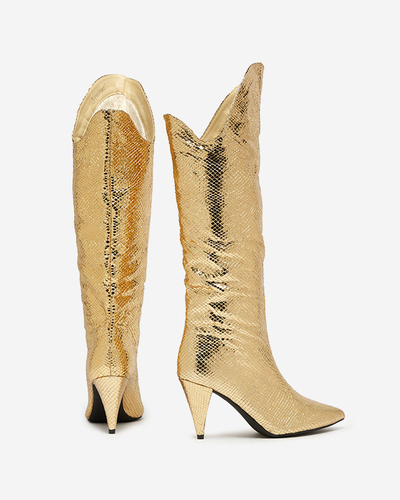 OUTLET Золотые женские сапоги на шпильке с тиснением Elivea- Footwear