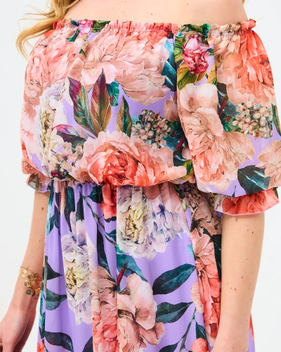 Фиолетовое женское длинное платье с цветочной подкладкой - Одежда