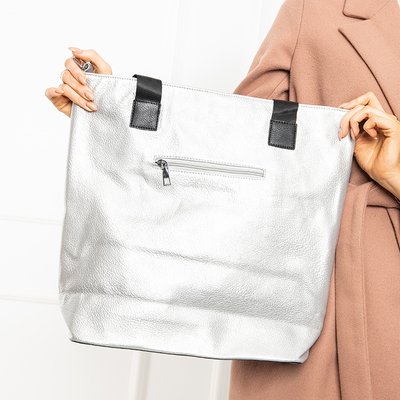 Didelė sidabrinė moteriška pirkinių krepšys su juoda kišene - Priedai