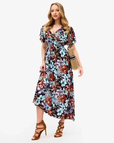 Цветочное темно-синее длинное женское платье - Одежда