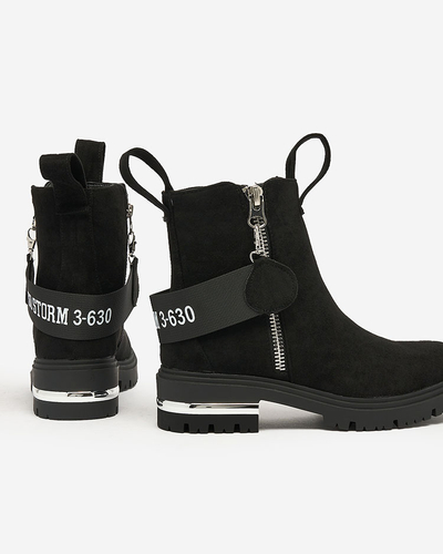 Royalfashion Juodi ekovamzos batai su dirželiu ir užtrauktukais Redmisala