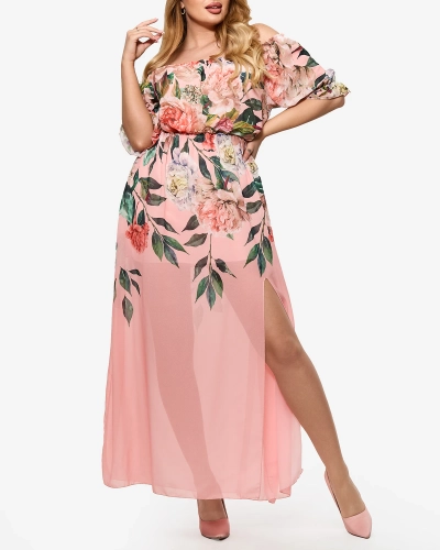 Светло-розовое женское длинное платье с цветочной подкладкой - Одежда