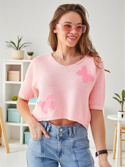 Royalfashion Moteriškas medvilninis trumpas megztinis su drugeliais