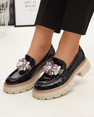 Черные лакированные женские мокасины с орнаментом Leliab- Footwear