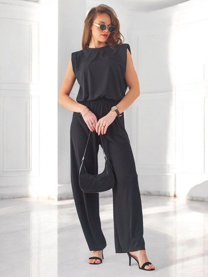 Женский рибанный вискозный комплект, без рукавов и с расклешенными брюками