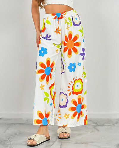 "Royalfashion" Moteriškos plačios gėlėto audinio kelnės