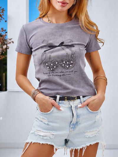 Royalfashion Женская хлопковая футболка со стразами и бантом