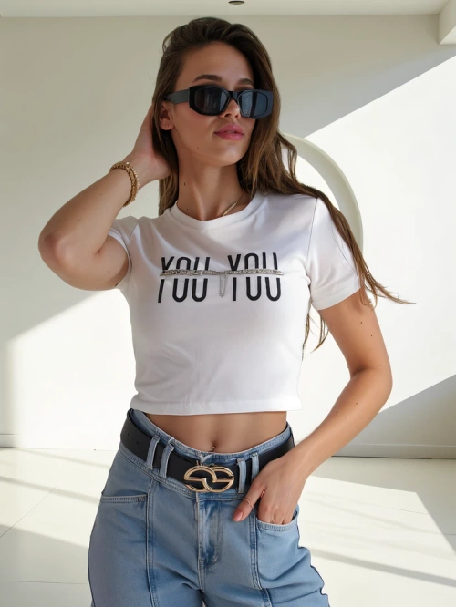 Royalfashion medvilninis moterų crop topas su užrašu