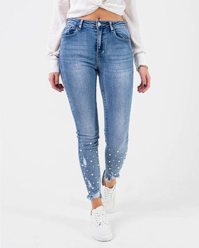 Moteriški mėlyni siauri džinsai su perlais - Drabužiai