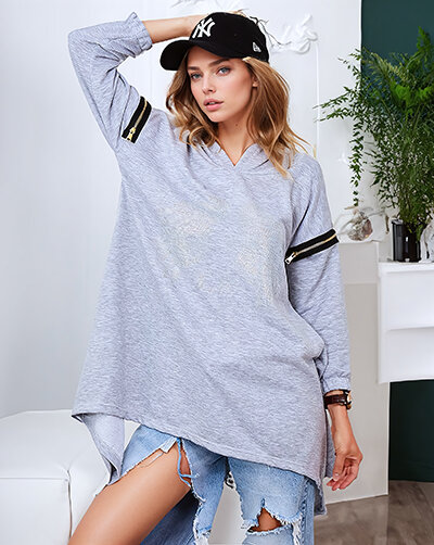 "Royalfashion" Pilkas moteriškas oversized džemperis su užtrauktukais