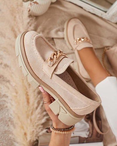 Мокасины из эко-замши с золотым декором бежевого цвета Zaffix- Footwear