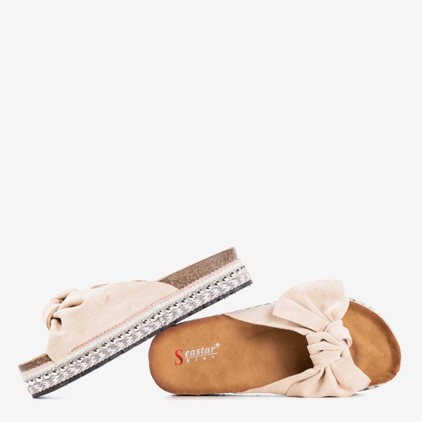 Beżowe klapki damskie z kokardką Kordesa - Obuwie