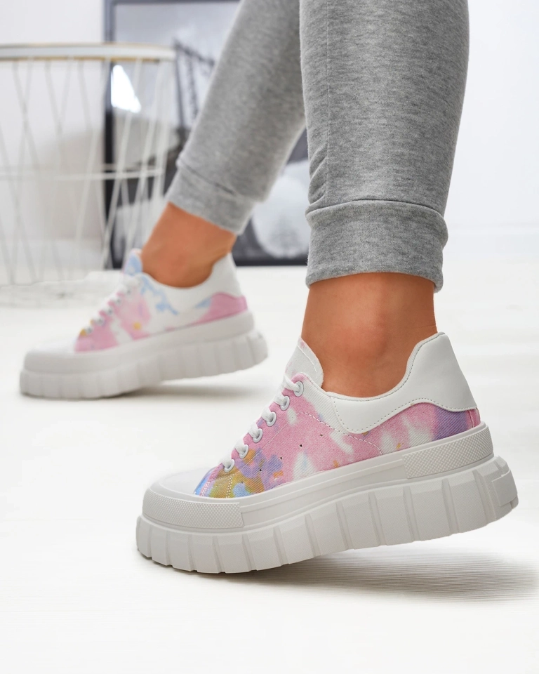 Rožinės ir baltos spalvos moteriški teniso bateliai su raštu Lonoll- Footwear