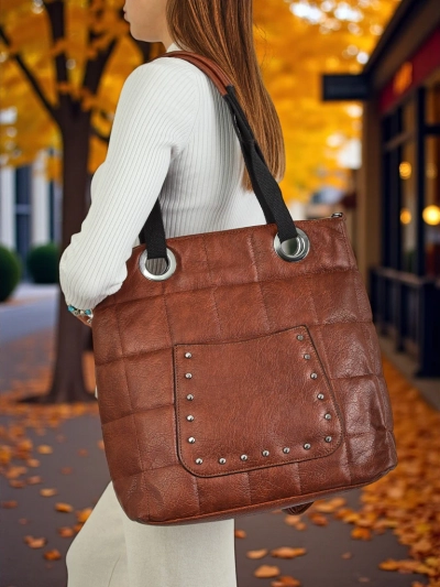 Calista Brown Faux Leather Studded Women's Bag 41x35 cm