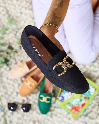 Royalfashion Черные женские мокасины из эко-кожи с украшением Bissefi