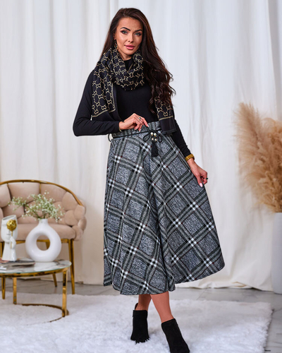 "Royalfashion" Moteriškas pilkas ir raudonas ilgas languotas sijonas