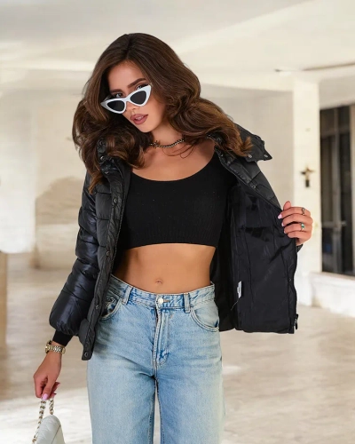 Royalfashion Черная женская стеганая куртка с капюшоном