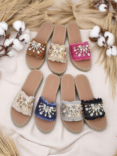 Royalfashion Helena Decor Women's Sandals Black Espadrille with Shells